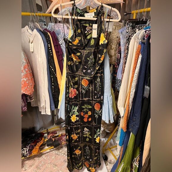 Anthropologie Black Floral Print Tie Neck Column MIDI Dress - Picture 4 of 6